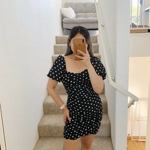 Zara Polka Dot Print Ruched Puff Sleeve Mini Dress In Black And White XS